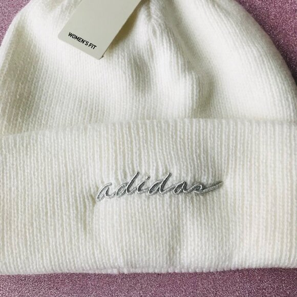Adidas‎ Script Fold Beanie Women's One Size Hat Winter Cap White Knit - Picture 2 of 6